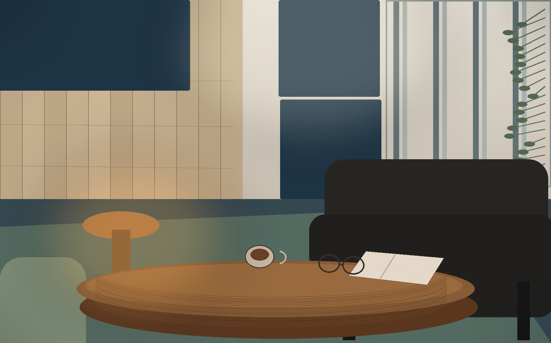 A calm civic meeting lounge with chairs, coffee, a notebook, and warm architectural details